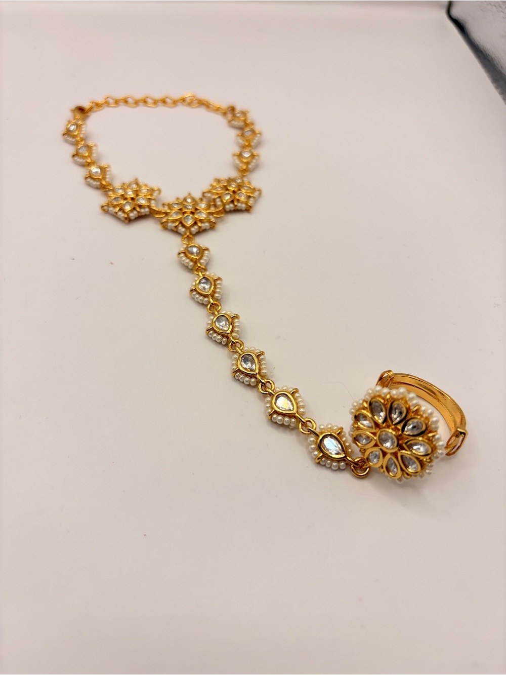 Gold Floral Kundan Harthphool Hand Chain with Ring